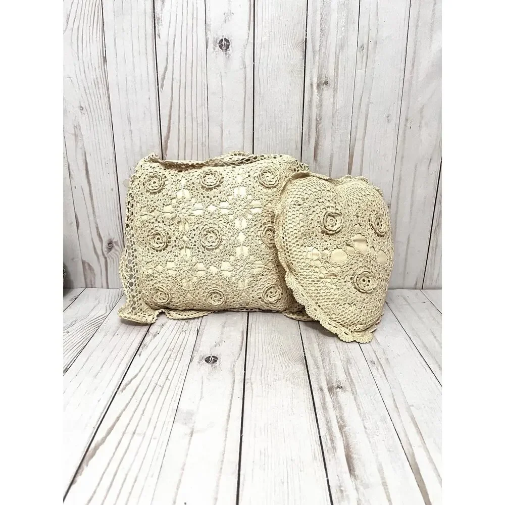 Keeco Vintage Cottagecore Crochet Lace Pillow Set Heart & Square Boho Chic 1995